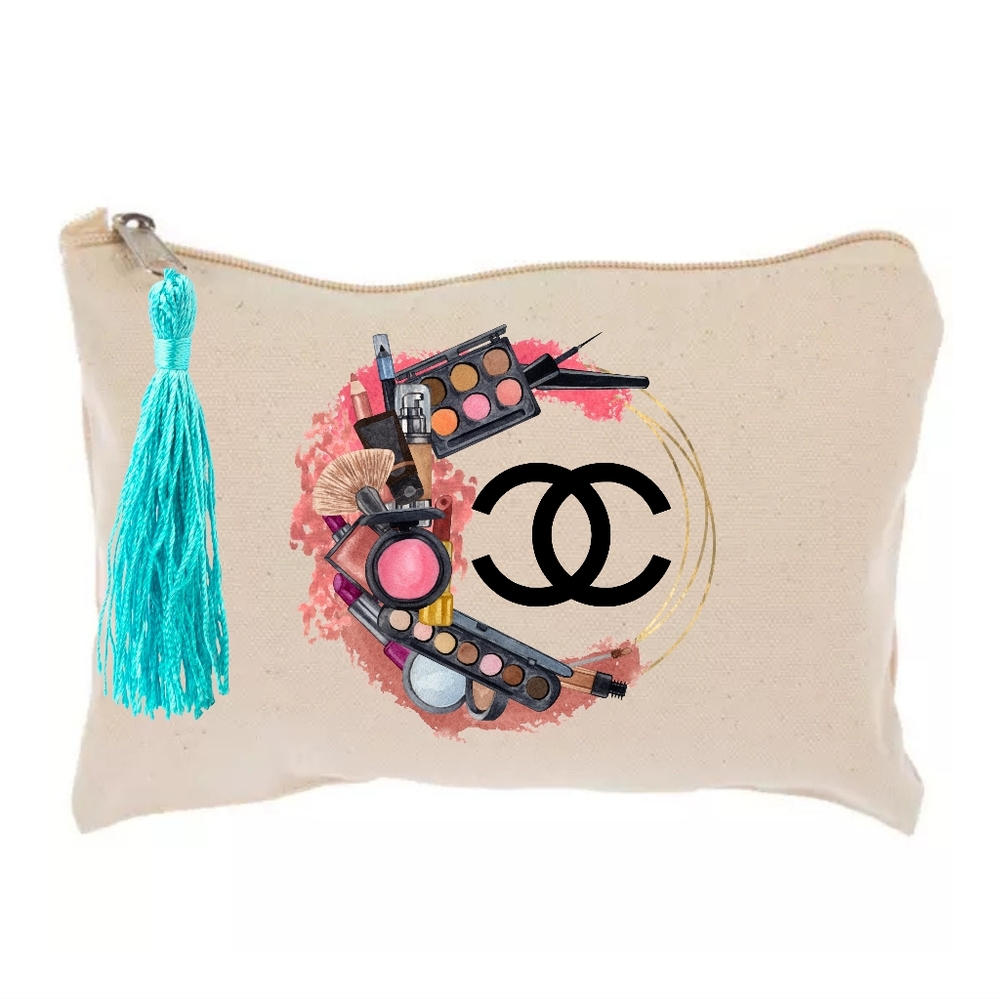 CC Logo Cotton Cosmetic Bag with Teal Tassel